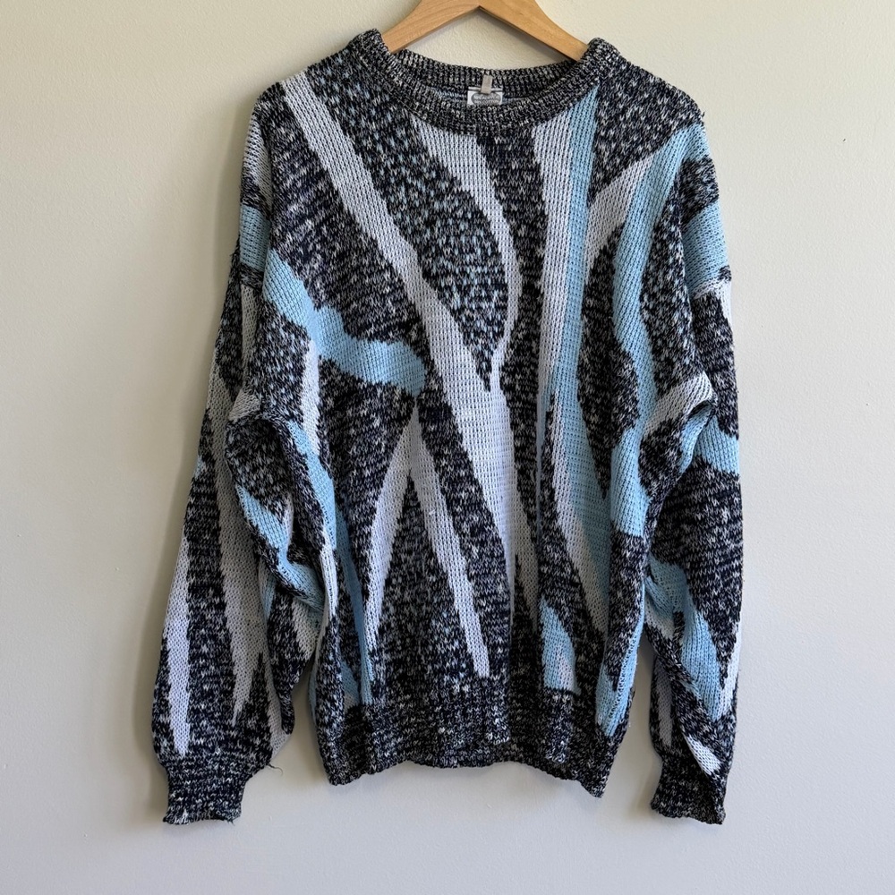 Vintage Men’s Knit Sweater XL Blue Gray Geometric Made in England
